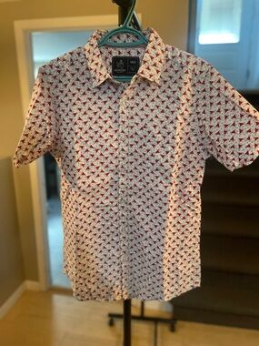 Rugby Club Short-Sleeve White & Red Patterned Button-Down Shirt